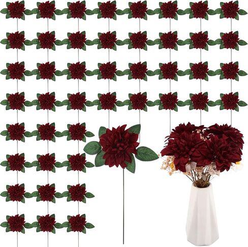XunYee 50 Pack Artificial Wedding Dahlia Flowers Bulk Silk Dahlias with Stems and Green Leaves Fake Flora Decoration Faux Dahlia Bouquets for DIY Bridal Shower Wedding Party(Wine Red) in Saudi Arabia