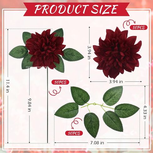 XunYee 50 Pack Artificial Wedding Dahlia Flowers Bulk Silk Dahlias with Stems and Green Leaves Fake Flora Decoration Faux Dahlia Bouquets for DIY Bridal Shower Wedding Party(Wine Red) in Saudi Arabia