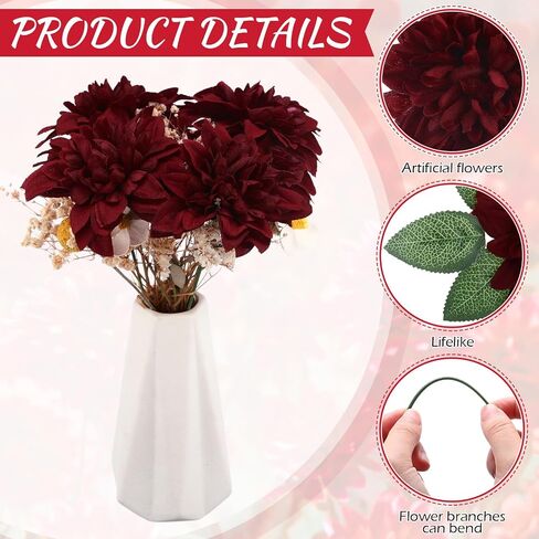 XunYee 50 Pack Artificial Wedding Dahlia Flowers Bulk Silk Dahlias with Stems and Green Leaves Fake Flora Decoration Faux Dahlia Bouquets for DIY Bridal Shower Wedding Party(Wine Red) in Saudi Arabia