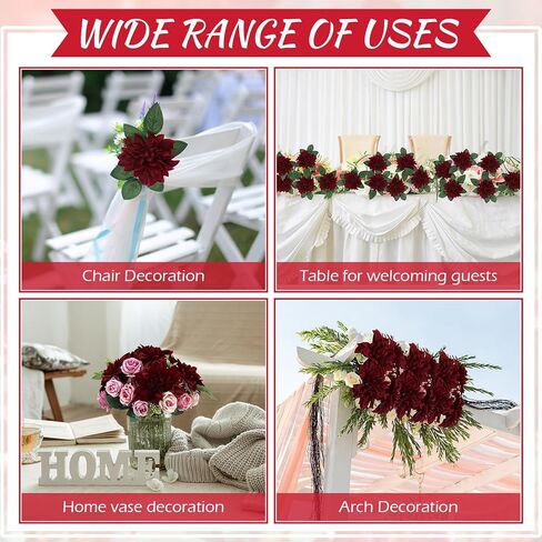 XunYee 50 Pack Artificial Wedding Dahlia Flowers Bulk Silk Dahlias with Stems and Green Leaves Fake Flora Decoration Faux Dahlia Bouquets for DIY Bridal Shower Wedding Party(Wine Red) in Saudi Arabia