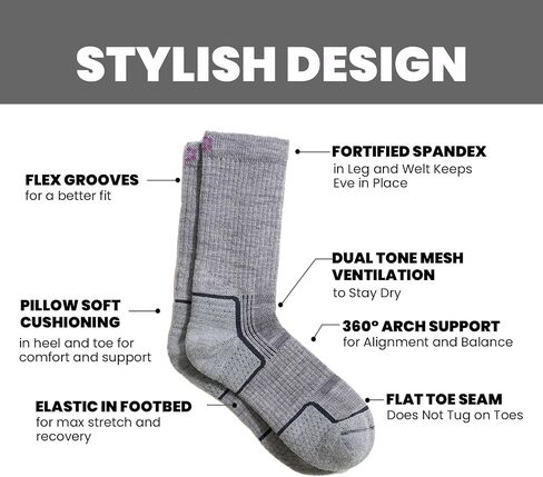 Women's Merino Wool Hiker Crew Socks, Moisture-Wicking, Durable, Perfect for Hiking and Camping in Saudi Arabia