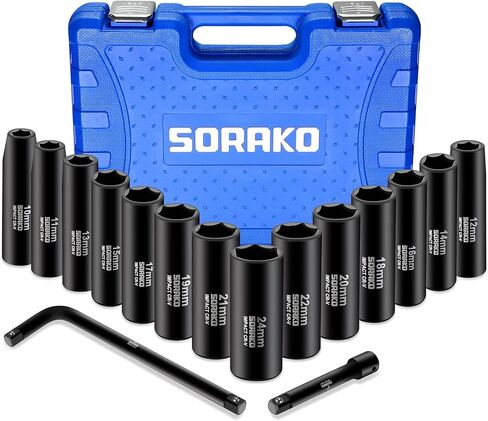 SORAKO مجموعة مقابس صدمات 1/2 بوصة، مجموعة مقابس عميقة مترية 16 قطعة 10-24 مم، مجموعة مقابس صدمات عميقة مع شريط تمديد ومقبض L 6 نقاط Cr-V مجموعة مقابس محرك فولاذية مع حقيبة محمولة in Kuwait