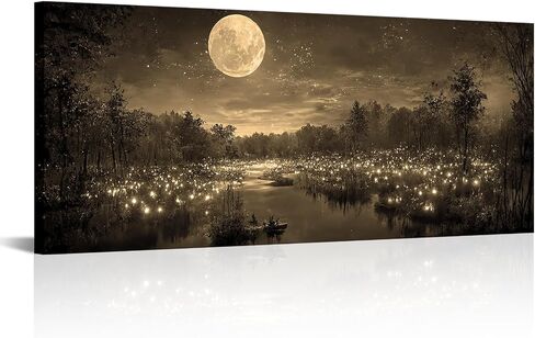 Fochorlo Large Full Moon Canvas Wall Art Fireflies forest Picutre Prints Magical Realism Painting Home Decor for Bedroom Ready To Hang 20"x48" (Sepia) in Saudi Arabia