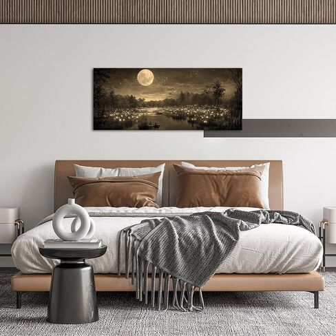 Fochorlo Large Full Moon Canvas Wall Art Fireflies forest Picutre Prints Magical Realism Painting Home Decor for Bedroom Ready To Hang 20"x48" (Sepia) in Saudi Arabia
