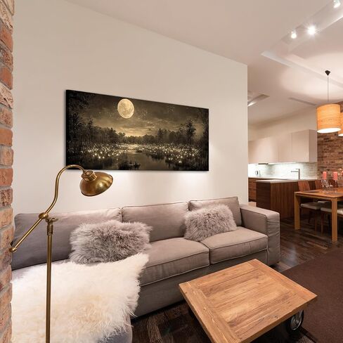 Fochorlo Large Full Moon Canvas Wall Art Fireflies forest Picutre Prints Magical Realism Painting Home Decor for Bedroom Ready To Hang 20"x48" (Sepia) in Saudi Arabia