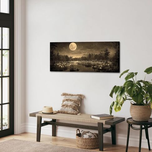 Fochorlo Large Full Moon Canvas Wall Art Fireflies forest Picutre Prints Magical Realism Painting Home Decor for Bedroom Ready To Hang 20"x48" (Sepia) in Saudi Arabia
