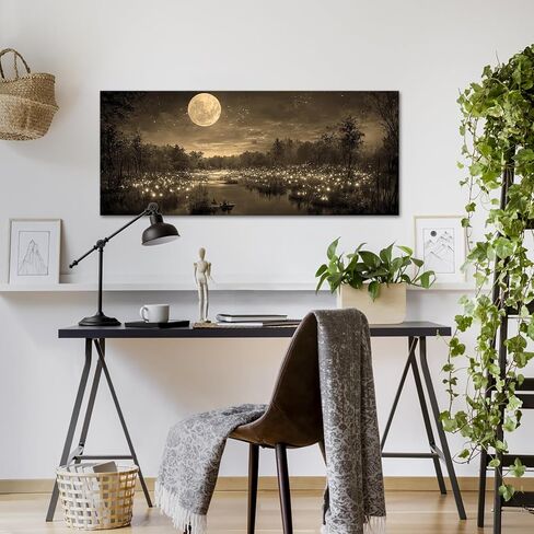Fochorlo Large Full Moon Canvas Wall Art Fireflies forest Picutre Prints Magical Realism Painting Home Decor for Bedroom Ready To Hang 20"x48" (Sepia) in Saudi Arabia