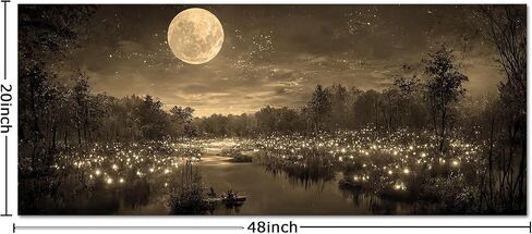 Fochorlo Large Full Moon Canvas Wall Art Fireflies forest Picutre Prints Magical Realism Painting Home Decor for Bedroom Ready To Hang 20"x48" (Sepia) in Saudi Arabia