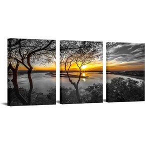Nachic Wall 3 Piece Black and White Wall Art Golden Sunrise on Lake Picture Painting Print on Canvas Nature Landscape Poster for Living Room Bedroom Decor Framed Ready to Hang