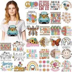 Estune 30 Pcs Retro Spring Iron on Transfers Flower Iron on Decals Sunflower Butterfly Daisy Appliques Patch Vintage Vinyl Heat Transfer Iron on Stickers for T Shirt Clothing Jacket Hat Backpacks DIY