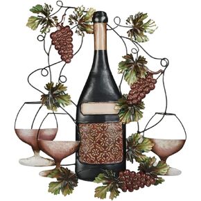 Touch of Class Vining Grapes Port Classique Wine Bottle Wall Art - Metal - Black, Burgundy, Green - Tuscan Style - Vintage Decoration for Kitchen, Living Room, Bedroom, Restaurant, Bar