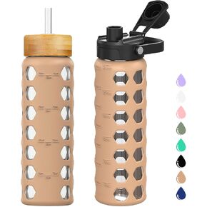 MUKOKO 32oz Glass Water Bottles with 2 Lids-Handle Spout Lid&Bamboo Straw Lid, Motivational Water Tumbler with Time Marker Reminder and Silicone Sleeve, Leakproof-Olive-1 Pack