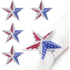 4 Pcs Patriotic Napkin Rings 4th of July Blue Red Star Napkin Rings Holder Independence Day Serviette Holder for Dinning Table