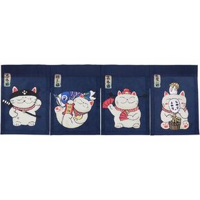 Japanese Noren Maneki Neko Curtain Short Entrance Hallway Hanging Flag 4 Pannel Lucky Cats Printed Doorway Curtain Tapestry for Restaurant Sushi Home Decor 33.5"X11.8" With Velcro double-sided tape
