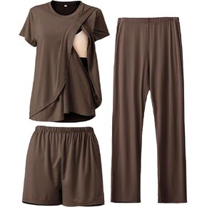Rnxrbb 3 Piece Postpartum Nursing Pajamas Set Double Layer Maternity Breastfeeding Pjs Sleepwear