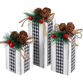 3 Pcs Christmas Table Centerpieces Christmas Table Decor Faux Present Wooden Blocks Rustic Decoration with Buffalo Plaid Bowknot for Holiday Xmas Tree Shelf Tiered Tray Decor (White, Green and Red)