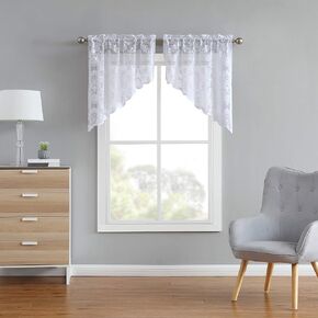 LinenZone Lace Kitchen Curtains. Lace Window Treatment for Kitchen or Small Window. Lace Tiers Can Be Combined with Matching Swags or Valance for a Charming Farmhouse Look. (Fiona 30 x 24 White)