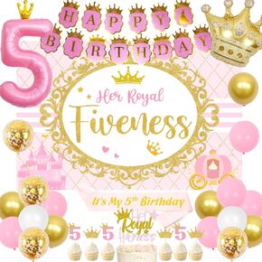 Sursurprise 5th Birthday Decorations for Girl Her Royal Fiveness Birthday Backdrop Cake Topper Sash Crown Balloons for Princess 5 Years Old Birthday Party Supplies