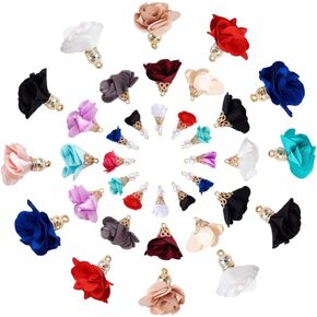 Cheriswelry 200pcs Cloth Fabric Flower Pendants Acrylic Pearl Floral Petal Tassel Charms with Golden Filigree Flower Metal Cap Mixed Color for DIY Earrings Keychain Jewelry Making Crafts 25-32mm
