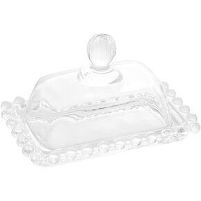 WOLFF - Pearl Crystal Beaded Butter Dish with Lid - Clear Butter Holder for Countertop with Handle Cover, Butter Container - Luxury Glassware Dinner Accessories, Kitchen Utensils - Clear, 4.3x6.7x3"