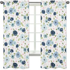 Sweet Jojo Designs Navy Blue and Pink Watercolor Floral Window Treatment Panels Curtains - Set of 2 - Blush, Green and White Shabby Chic Rose Flower