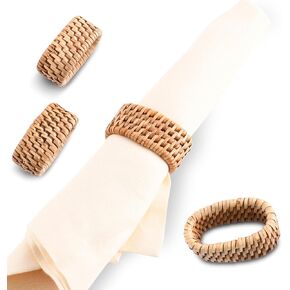 Vagabond House Pewter Anchor Oval Rattan Napkin Rings, Woven Wicker, Natural Eco-Friendly Coastal Decor, Set of 4 for Beach House, Rattan Decor, House Naturals