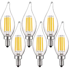 LUXRITE Vintage Candelabra LED Bulb 60W Equivalent, 550 Lumens, 3500K Natural White, LED Chandelier Light Bulbs 5W, Dimmable, Flame Tip Clear Glass, Filament LED Candle Bulbs, E12 Base (6 Pack)