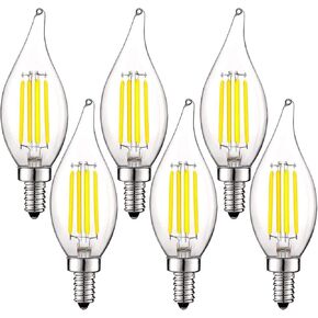 لمبة LED شمعدان عتيقة من LUXRITE مكافئة 60 وات، 550 لومن، 3500 ك أبيض طبيعي، مصابيح إضاءة ثريا LED 5 وات، قابلة للتعتيم، زجاج شفاف بطرف لهب، مصابيح شموع LED خيطية، قاعدة E12 (6 عبوات)