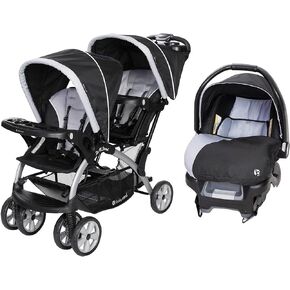 Baby Trend Sit N Stand Easy Fold Travel Double Baby Stroller and Single Infant Car Seat Travel System with Safety Harnesses and Cover, Khaki