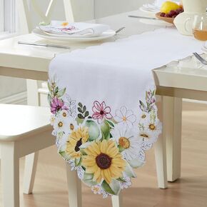 Newbridge Yellow Sunflowers and Daisies Embroidered Table Runner, Summer Cutwork Fabric 70 Inch Long Table Runner, Wrinkle Free, Stain Resistant Fabric Table Runner for Indoor Outdoor Dining, Parties