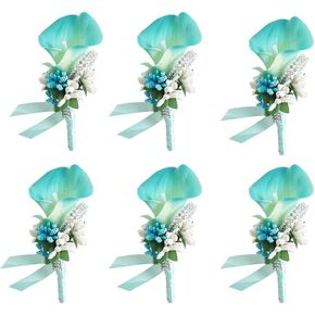 Calla Lily Boutonniere for Men Wedding Groom Best Man Boutonniere with Pin Set of 6 for Wedding Party Prom Event Ceremony Anniversary(Turquoise)