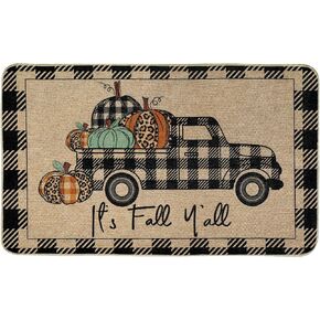 AnyDesign It's Fall Y'all Doormat Buffalo Plaids Autumn Truck Pumpkin Front Door Mat Rustic Farmhouse Linen Floor Mat Rug for Thanksgiving Harvest Indoor Outdoor Kitchen, 17 x 29 Inch