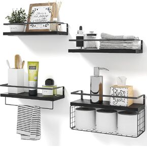 4+1 Wooden Floating Shelves for Wall, Rustic Bathroom Shelves Wall Mounted with Towel Bar and Wire Basket, Farmhouse Floating Shelf Over The Toilet Storage, Wall Decor for Bathroom, Set of 4