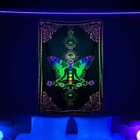 Blacklight Seven Chakra Vertical Tapestry, UV Reactive Moon Phase Butterfly Tapestries Poster Glow In The Dark, Yoga Meditation Zen Spiritual Decor Tapestry Wall Hanging for Bedroom Aesthetic, 40X60in