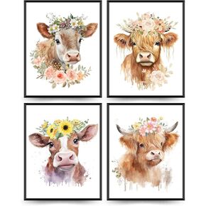 ETVISO Highland Cow Wall Art, Western Cow Summer Spring Floral Watercolor Wall Art Prints,Nursery,Classroom Baby Wall Decorations For Nursery Farmhouse Posters Picture,8x10 Inch Set Of 4 Unframed