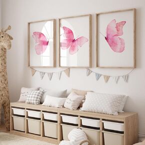 Pink Butterfly Canvas Paintings Butterfly Wall Art for Girls Room Wall Decor Butterfly Poster Prints Colorful Butterfly Canvas Wall Art for Girls Bedroom and Living Room Decor 12x16inchx3 No Frame