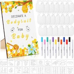 Chuarry 53 Pcs Baby Shower Games Set Includes Baby Shower Game Sign, 20 Blank Baby Bibs, 12 Fabric Markers, 20 Stencils DIY White Bibs for Baby Decorating Kit for Baby Shower Gender Reveal Gifts