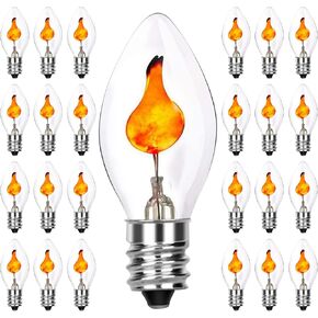Christmas Flicker Flame Light Bulbs, Clear Flame Shape Replacement Bulbs Dances with a Flickering Orange Flame Glow, E12 Candelabra Base Replacement Bulbs, 1 Watt, 120 Volt- 12 Pack