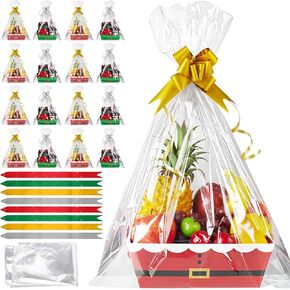24 Pcs Christmas Basket For Gifts Empty to Fill Gift Basket Kit with Basket Bags and Pull Bows DIY Basket Gift Set for Christmas Birthday Build Your Own Gift Basket (Santa Claus and Elf)
