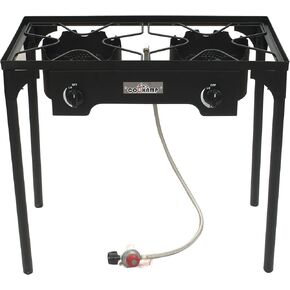 COOKAMP High Pressure Double Propane Burner 55000 BTU/Per Burner Head,Outdoor Camping Cooking Stove with Windscreen and 0-20 PSI Adjustable Regulator and Steel Braided Hose SA2510
