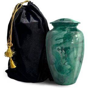 Cremation Urns for Human Ashes – Funeral Urns for Adult Female & Male – Decorative Burial Urn for Cremated Remain in Aluminum w/Marble Painting, Green with Velvet Bag - for Loved Ones