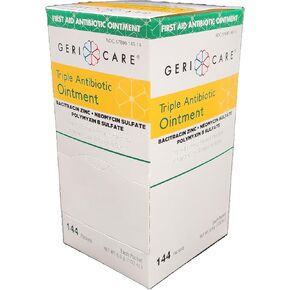 GeriCare Triple Antibiotic Ointment, First Aid Ointment for Minor Scratches, Scrapes and Burns, 144 Count Pack, 0.9g Each Packet, Clear