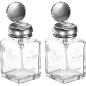 HARFINGTON 2PCS 4Oz / 120ML Glass Pump Dispenser Bottle Square Clear Liquid Pumping Press Push Down Alcohol Container with Metal Flip Cover for Makeup Remover
