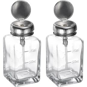 HARFINGTON 2PCS 4Oz / 120ML Glass Pump Dispenser Bottle Square Clear Liquid Pumping Press Push Down Alcohol Container with Metal Flip Cover for Makeup Remover