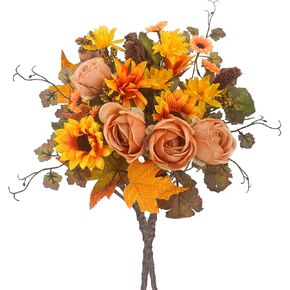 2 Pcs Artificial Fall Flowers Boquet Fall Decor Faux Orange Silk Flowers Arrangements Fall Decorations for Home Bridal Baby Shower Wedding Bouquets Table Centerpiece Party Thanksgiving Decor