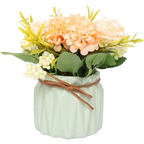 Fumwase Artificial Hydrangea Bouquet with Small Ceramic Vase Artificial Flower Plants Mini Fake Hydrangea Flowers Decoration Indoor for Home Office Table Bedroom Living Room Party (Blue)