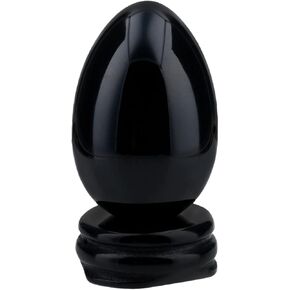Nupuyai 1.8 inch Polished Decorative Crystal Egg with Round Stone Stand, Oval Carved Healing Stone Statue for Home Office Tabletop, Black Obsidian Crystal