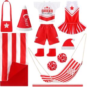 11 Pcs Christmas Elf Accessories Include Cheerleader Elf Doll Sleeping Bag Hammock Apron Chef Hat Dress Scarf Top Shorts Horn Pompoms Bag Snowmen Elf Clothes (Cheerleader Style)