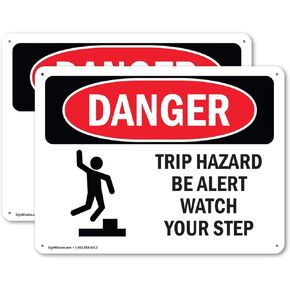 (2 Pack) Trip Hazard Be Alert Watch Your Step OSHA Danger Sign 14 Inch X 10 Inch Plastic Sign, Weather Resistant, UV Protected for Workplace, Business, and Construction Site, Made in the USA