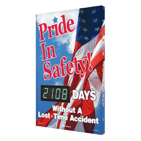 SCK108 Aluminum Digi-Day Electronic Safety Scoreboard, "PRIDE IN SAFETY! - #### DAYS WITHOUT A LOST TIME ACCIDENT" with USA Flag Graphic